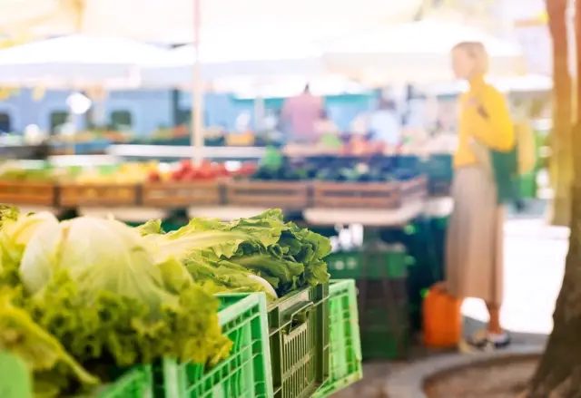 Un vivace mercato all'aperto in Slovenia, pieno di bancarelle colorate che vendono prelibatezze locali